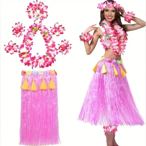 7pcs Hawaiian Hula Costume Set, Tropical Grass Skirt, Lei, Beach Party,Halloween - Picture 7 of 10